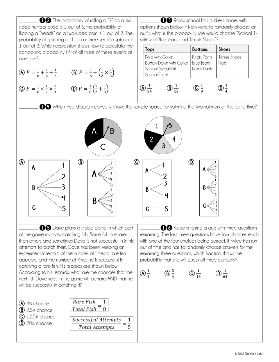 Compound probability questions 12 to 16: expressions, outfit options, tree diagrams for two spinners and guessing a quiz