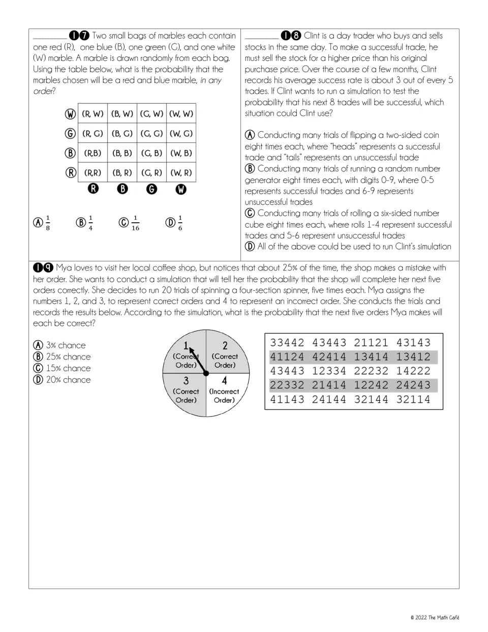 Questions 17 to 19 on compound events and simulations: a marble outcome table, choosing a simulation, spinner trial results