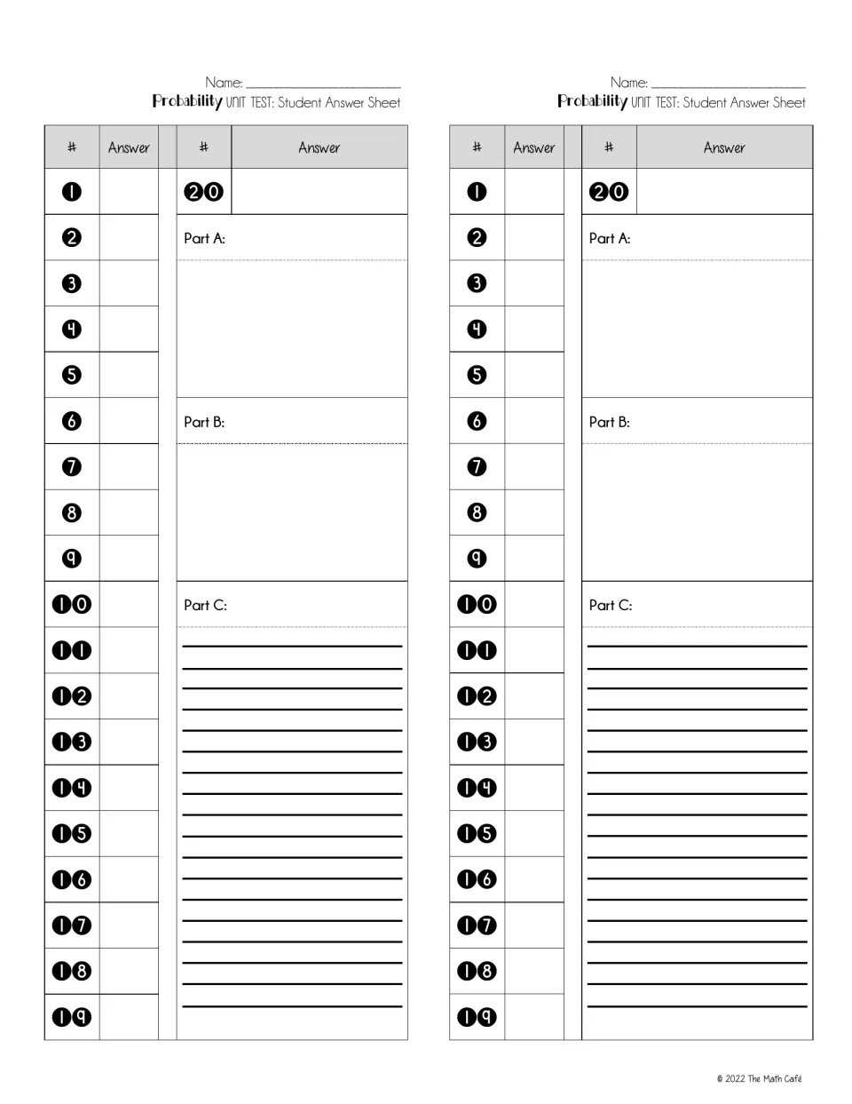 Student answer sheet, two per page, with blanks for items 1 to 19 and space for Parts A, B and C of question 20