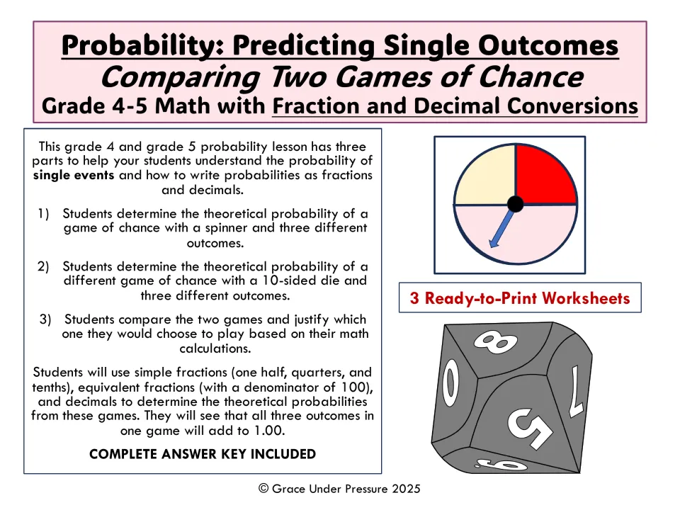 Probability: Predicting Single Outcomes cover showing a spinner, a 10-sided die and three parts comparing games of chance