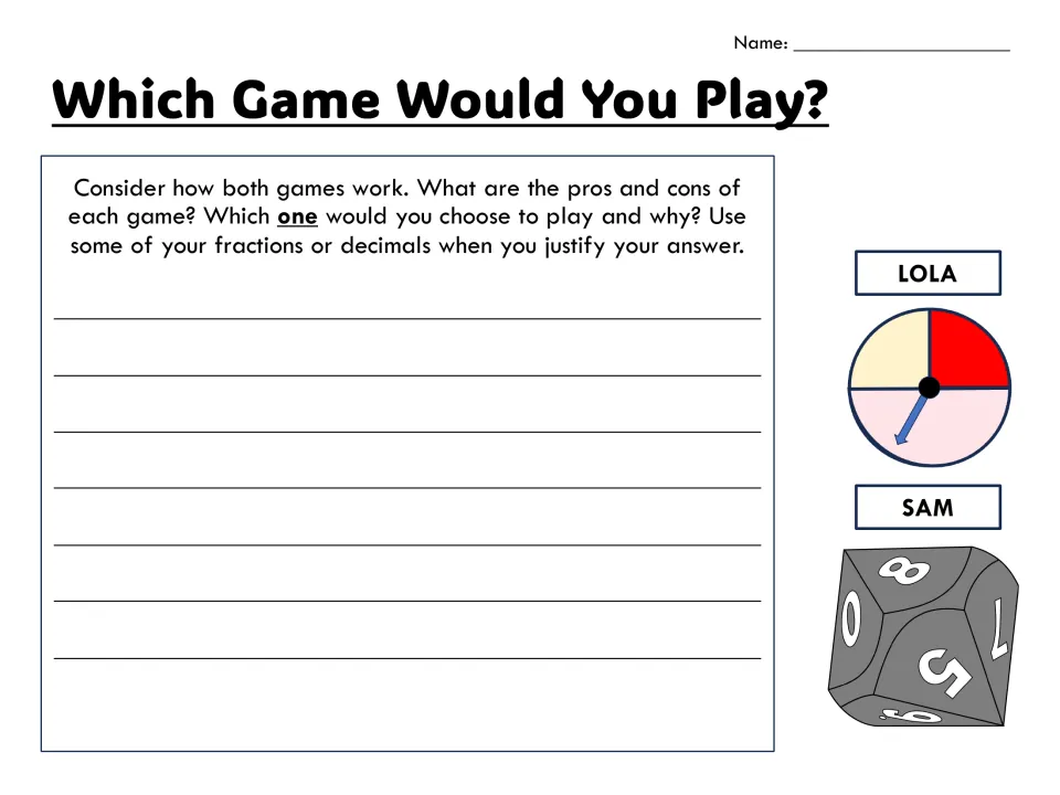 Which Game Would You Play? Students weigh pros and cons of Lola's spinner and Sam's die, then justify a choice in writing