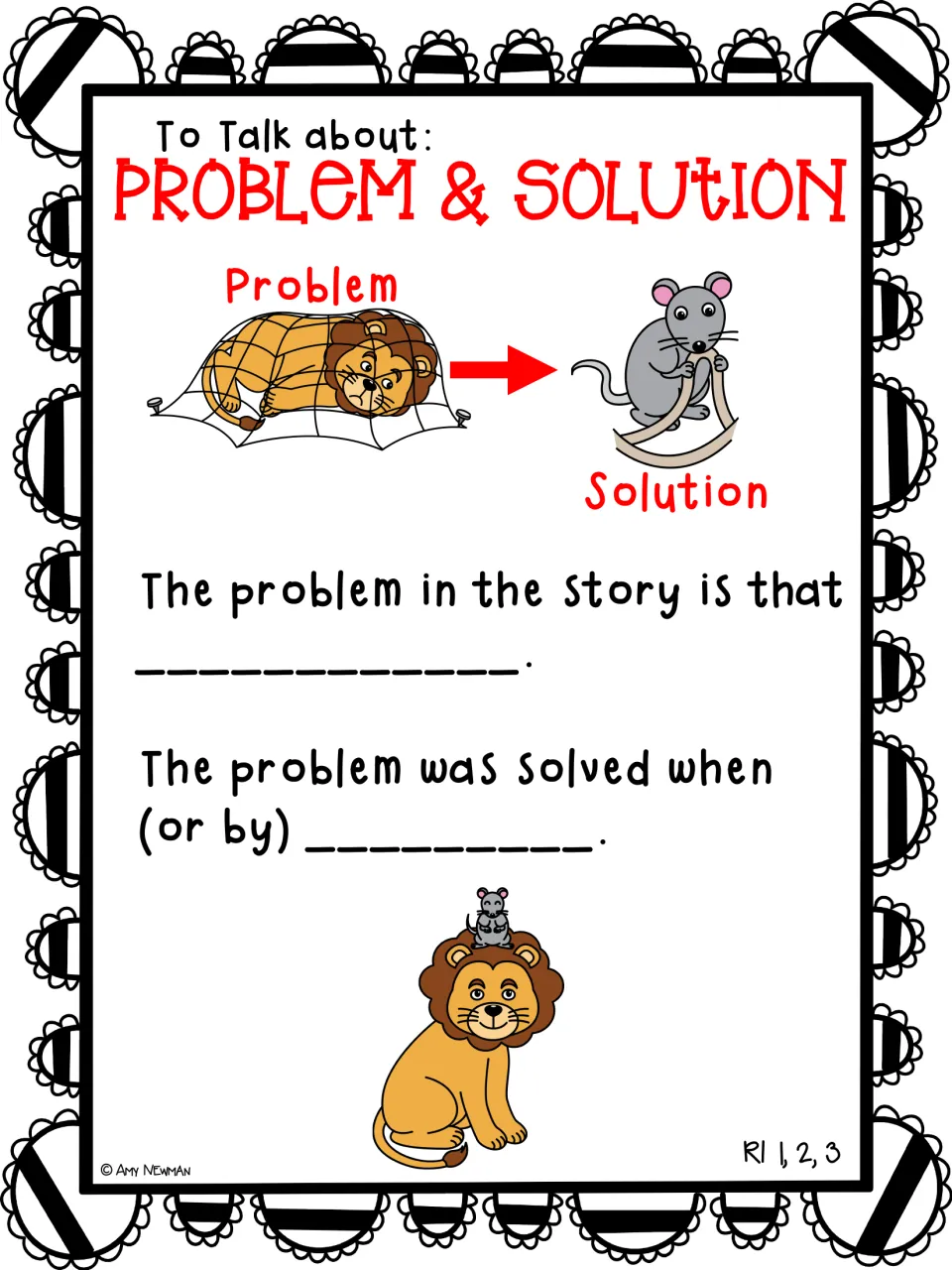 Sentence frames for retelling: 'The problem in the story is that ___' and 'The problem was solved when (or by) ___'