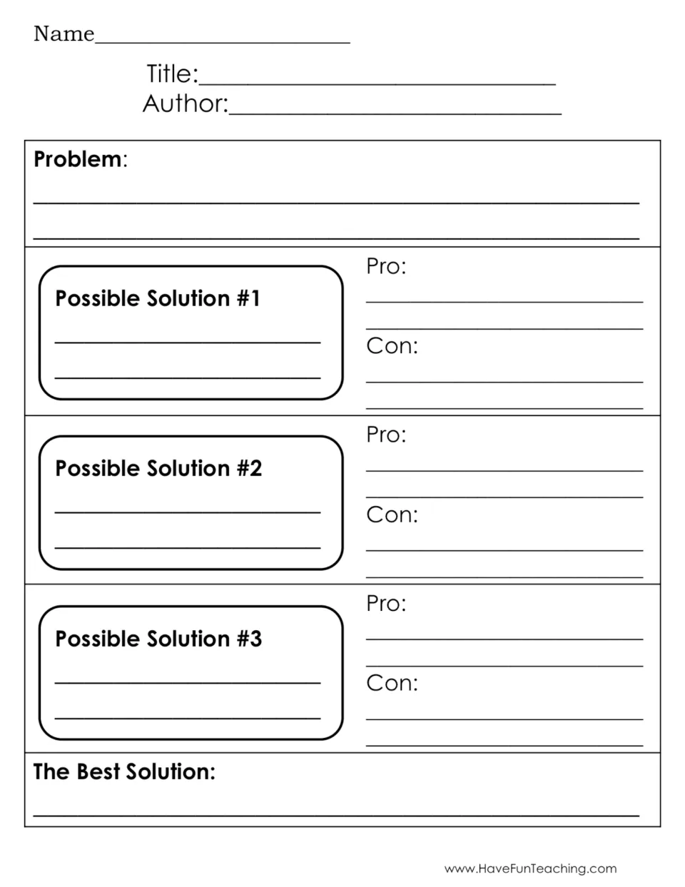 Problem and solution in a story: students name the problem, weigh pros and cons of 3 possible solutions, pick the best