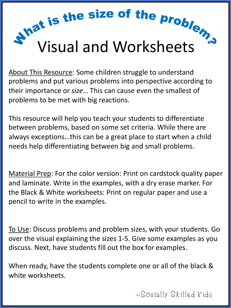 What is the size of the problem? title page: teacher notes on the resource, material prep and using the 1-5 visual