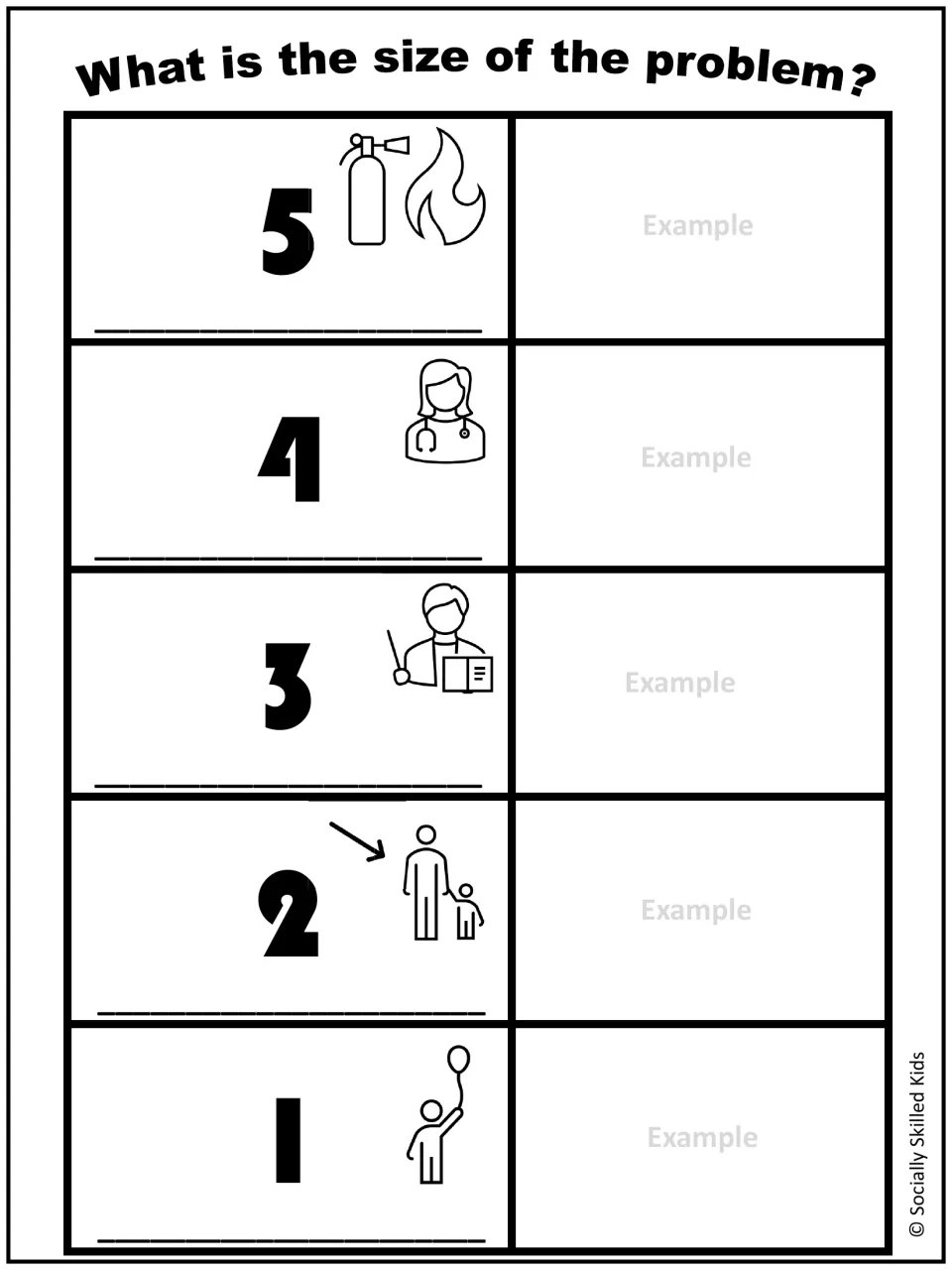 Numbers 5 to 1 with icons only; students write what each problem size means and give a matching example