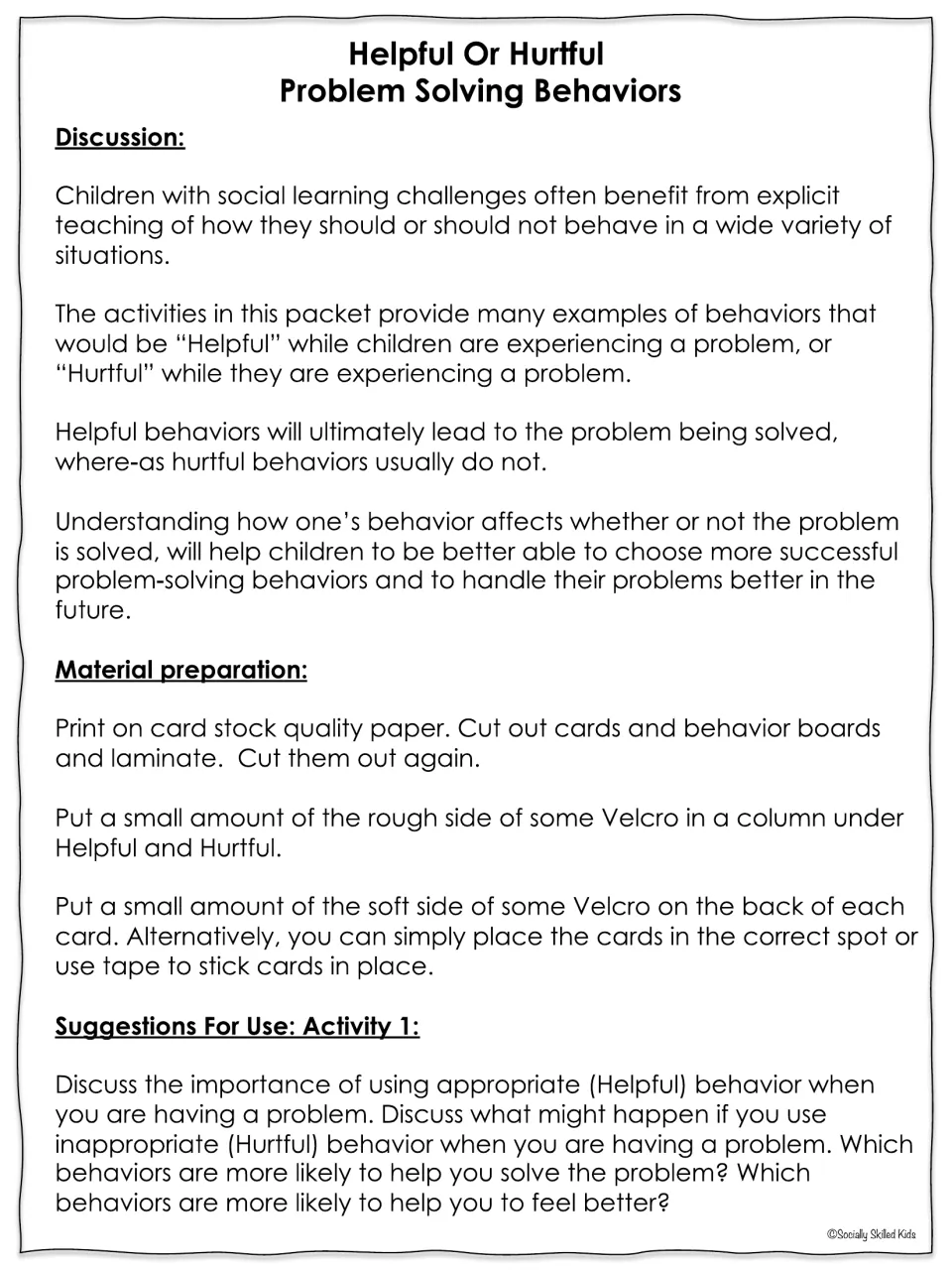 Helpful or hurtful behavior guide: discussion overview, card and Velcro prep steps, and Activity 1 talk questions
