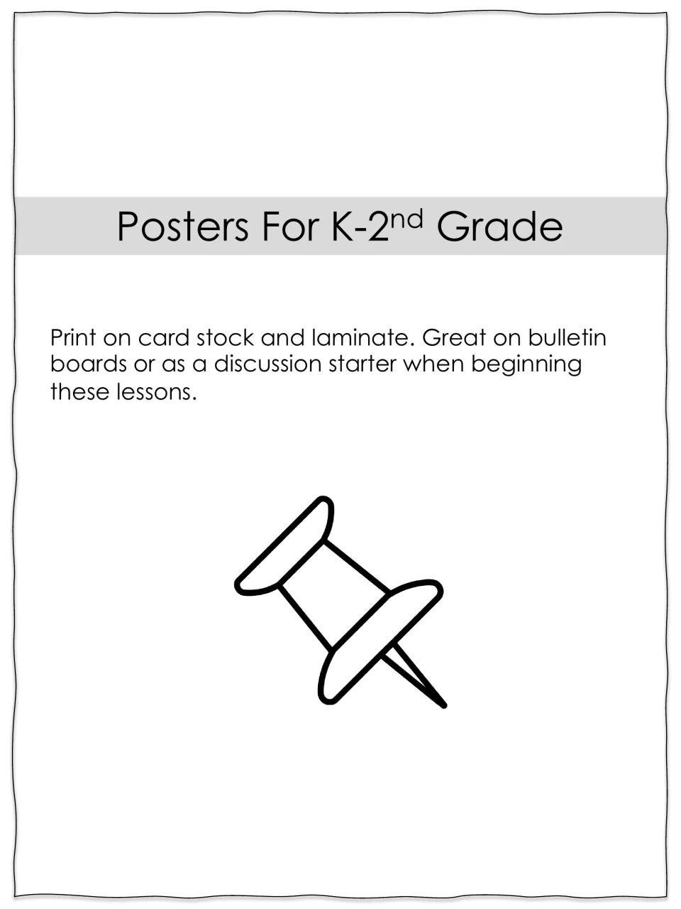 Section divider for the K-2nd grade posters, advising printing on card stock and laminating, with a pushpin icon