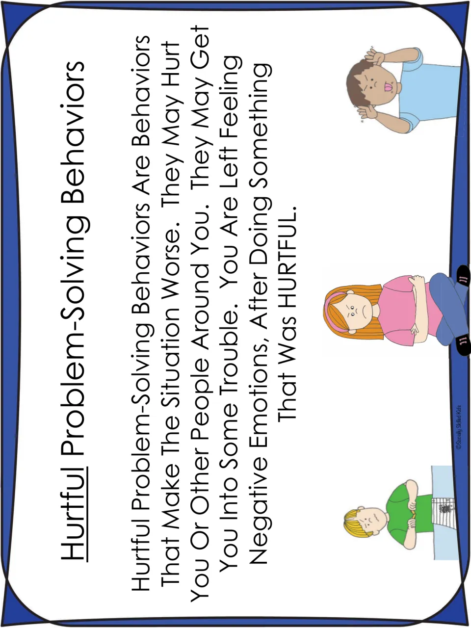 Hurtful problem-solving behaviors poster defining them as actions that make things worse or cause trouble, with upset kids