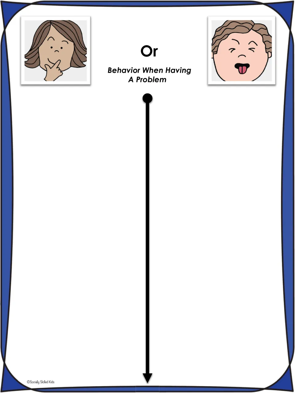 Behavior when having a problem sort board: students place cards under a thinking girl icon or a boy sticking out his tongue