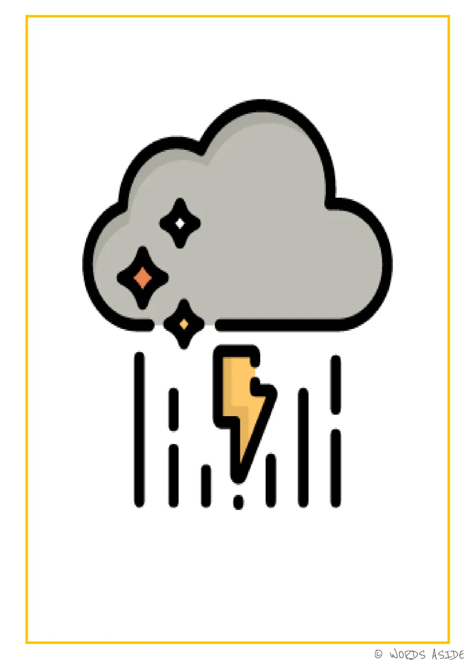 Problem-solving card for the rainy weather theme, showing a gray storm cloud, rain, and a lightning bolt