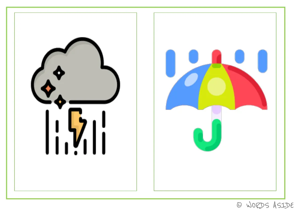 Problem-and-solution cards for rainy weather, pairing a storm cloud and lightning with a colorful umbrella