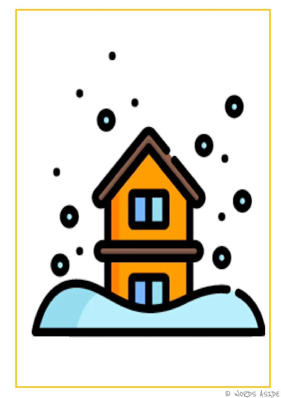 Problem-solving card for the snowy weather theme, showing an orange house surrounded by falling snow