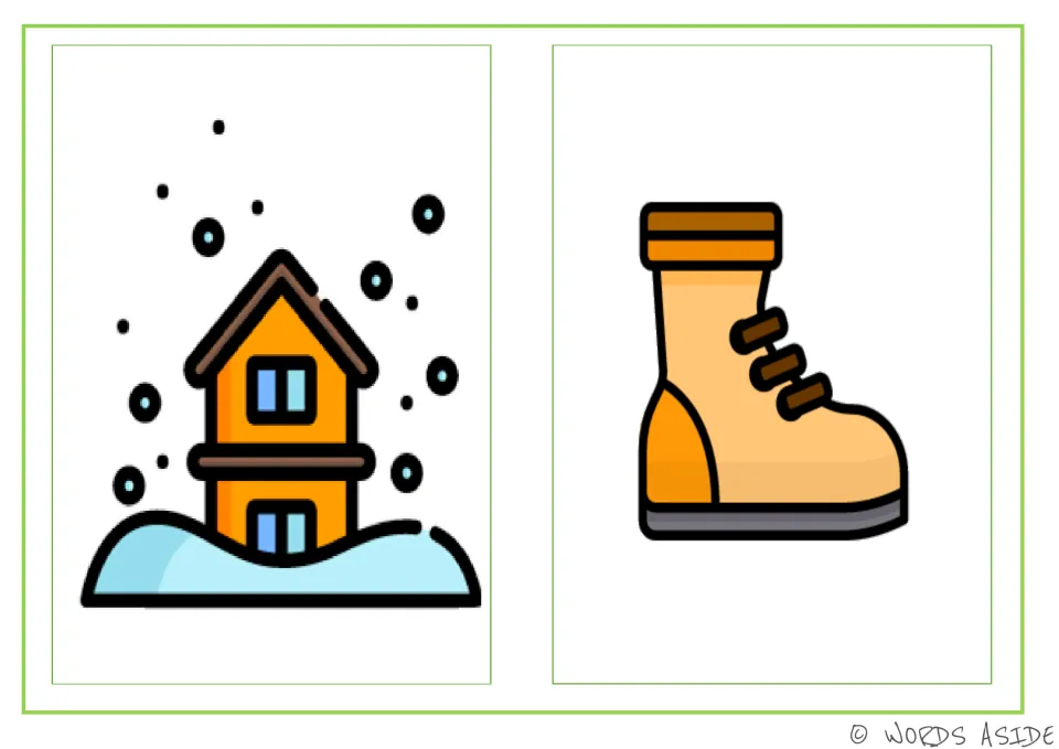 Problem-and-solution cards for snowy weather, pairing a house surrounded by falling snow with a winter boot