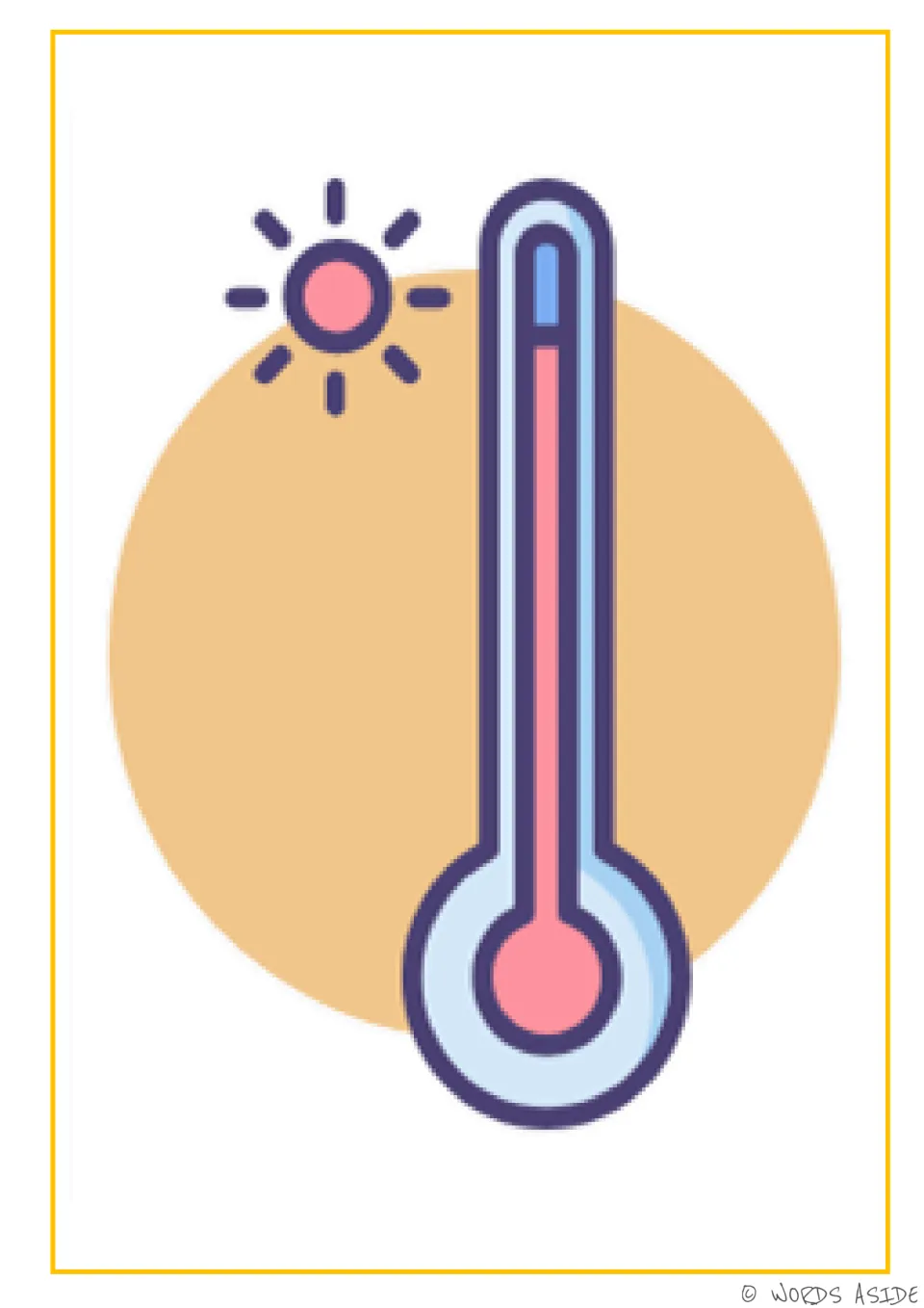 Problem-solving card for feeling hot, showing a thermometer with a high red level beside a sun symbol