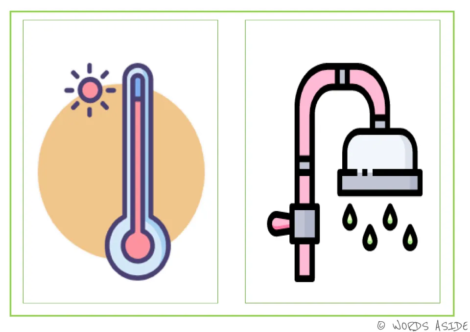 Problem-and-solution cards for feeling hot, pairing a high thermometer and sun with a running shower