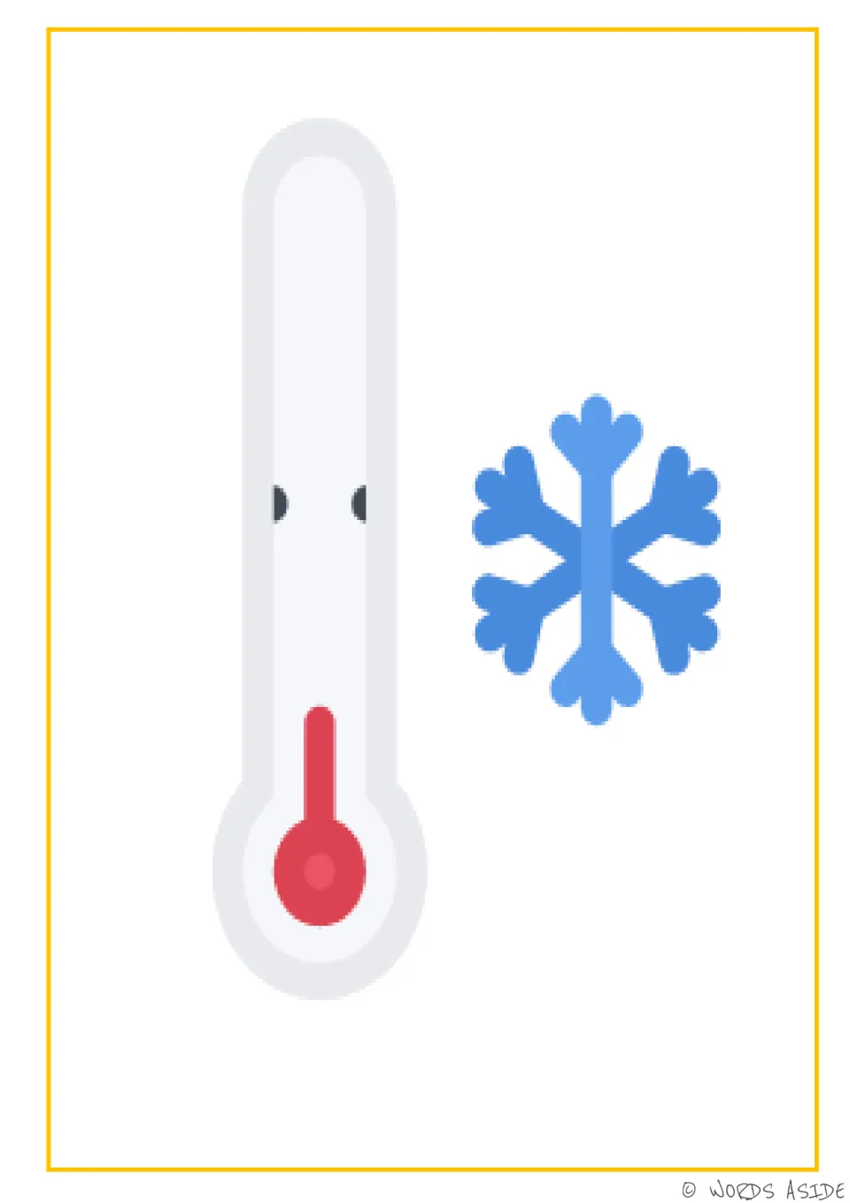 Problem-solving card for feeling cold, showing a thermometer with a low red level beside a blue snowflake
