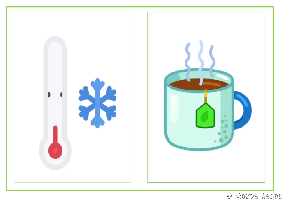 Problem-and-solution cards for feeling cold, pairing a low thermometer and snowflake with steaming tea