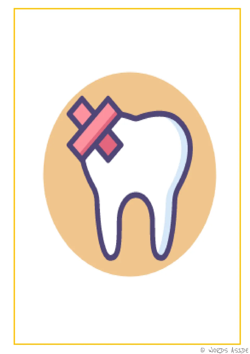 Problem-solving card for a tooth problem, showing a large white tooth marked with crossed pink bandages