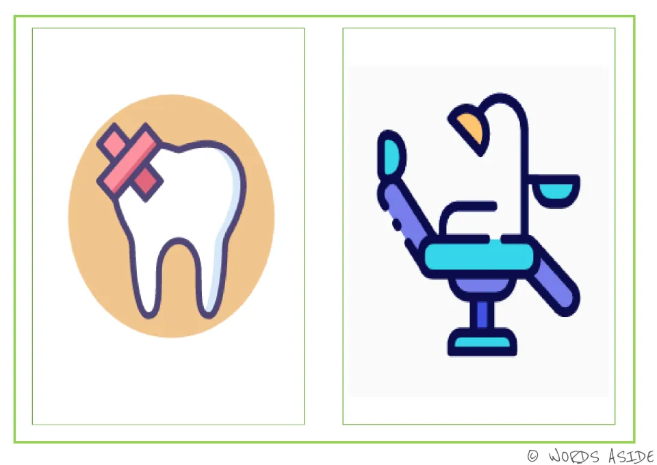 Problem-and-solution cards for a tooth problem, pairing a bandaged tooth with a dental chair and lamp