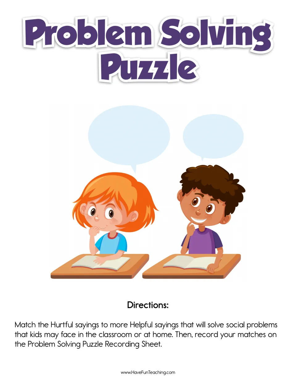 Problem Solving Puzzle cover: two children with empty speech bubbles, plus directions to match hurtful to helpful sayings