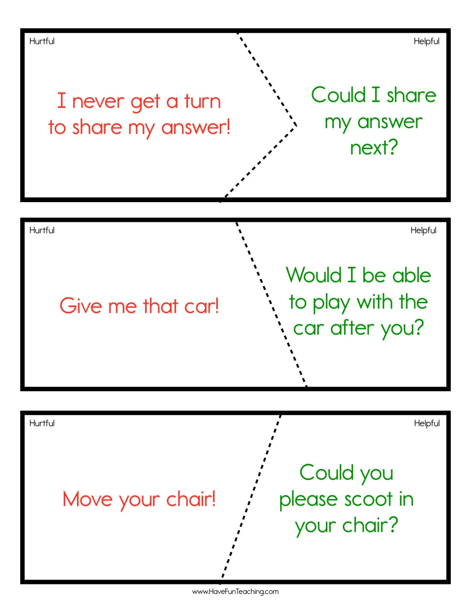 Social problem solving cards: students cut apart and match hurtful lines like 'Give me that car!' to helpful requests