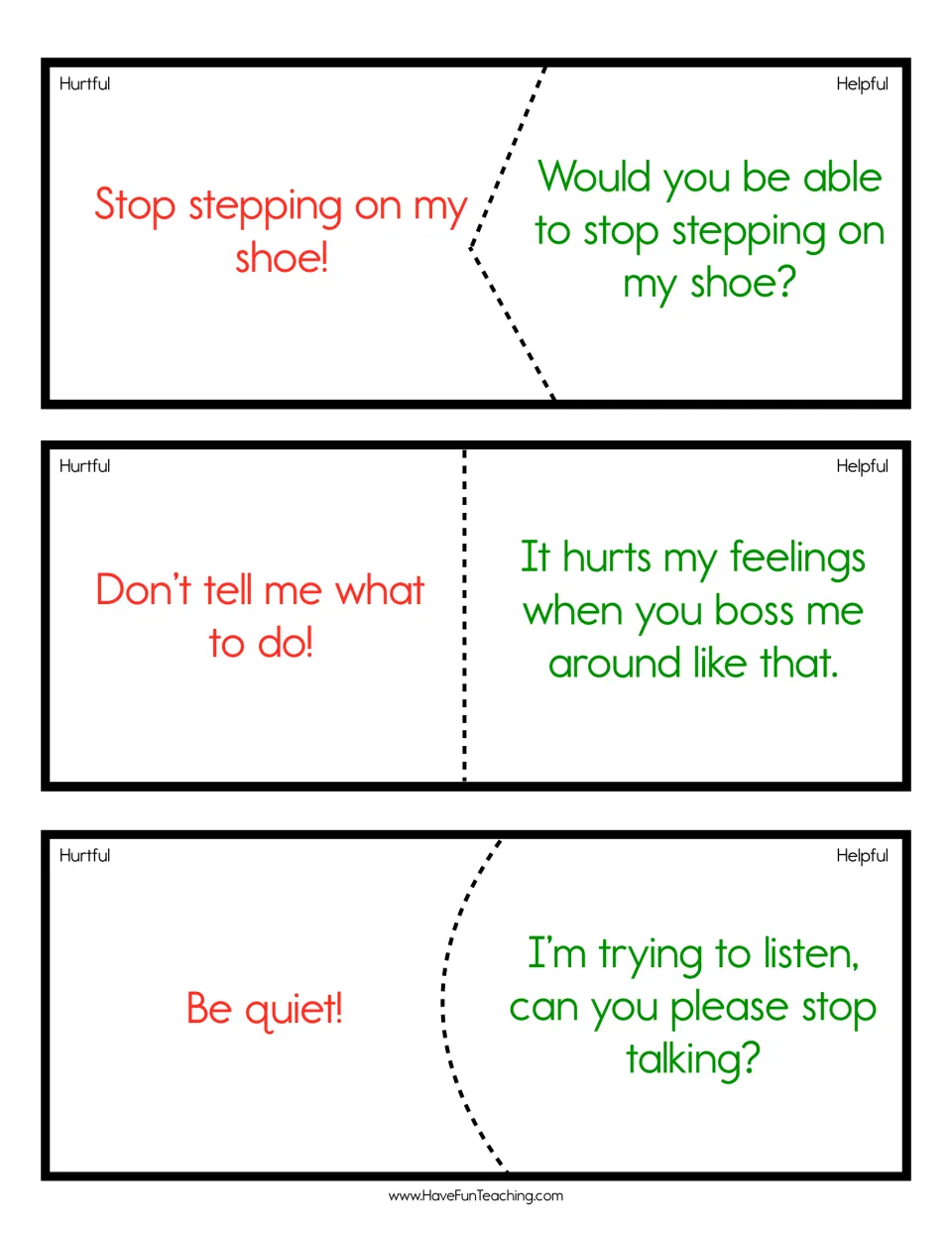 Hurtful-to-helpful puzzle pieces: students match 'Be quiet!' to 'I'm trying to listen, can you please stop talking?'