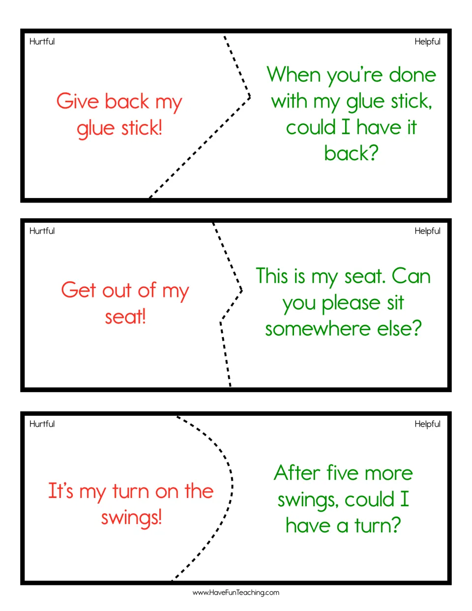 Kind words cut-out pairs for sharing a glue stick, a seat and the swings, students match demands to polite questions