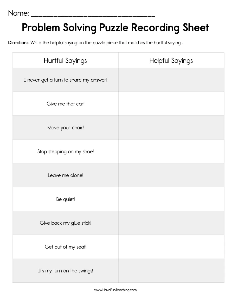 Recording sheet listing nine hurtful sayings; students write the matching helpful saying beside each one after the puzzle