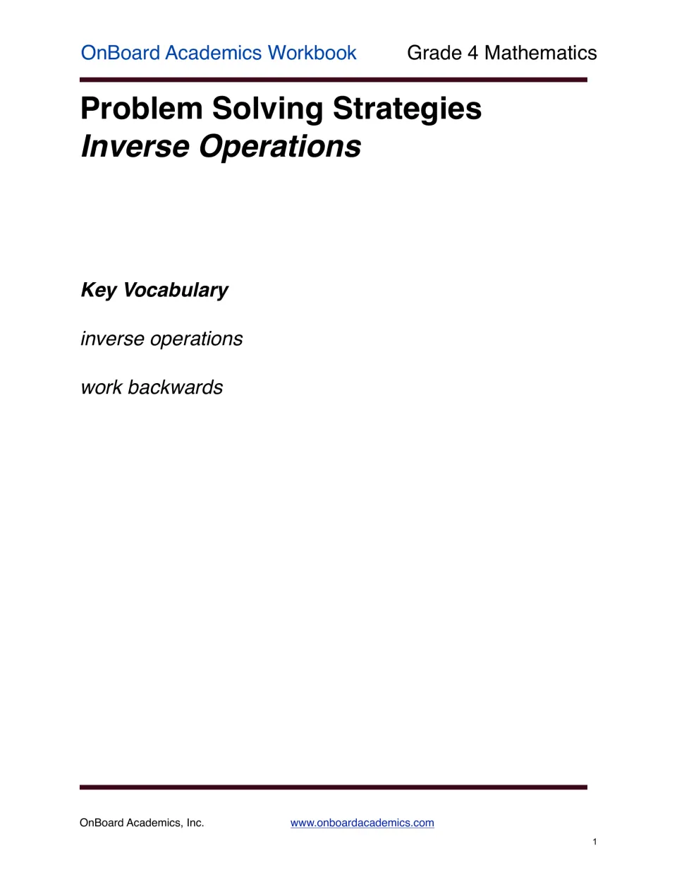 Inverse operations section introduction lists the key vocabulary terms 'inverse operations' and 'work backwards'.