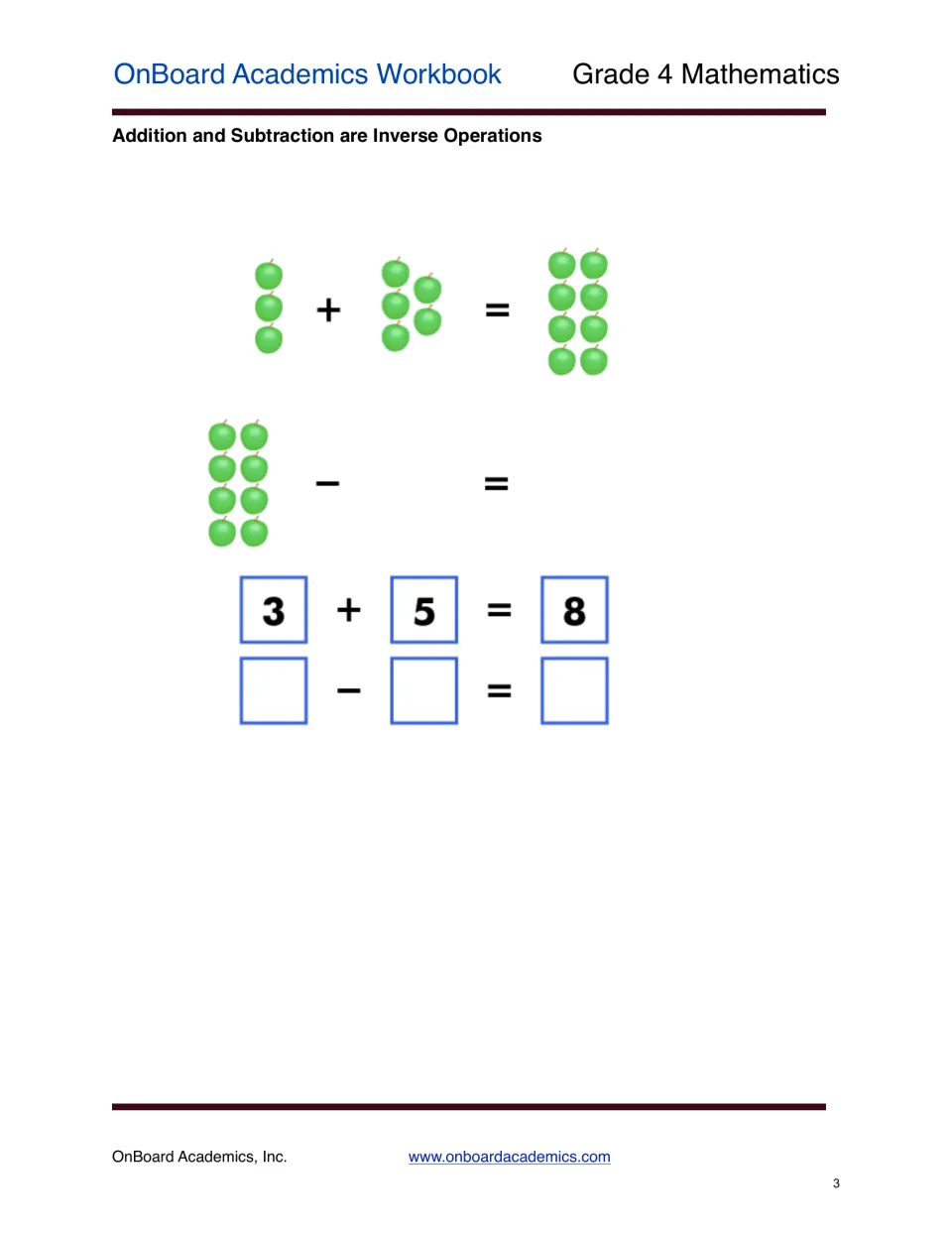 Addition and subtraction lesson uses apples and 3 + 5 = 8, with a related subtraction equation to complete.