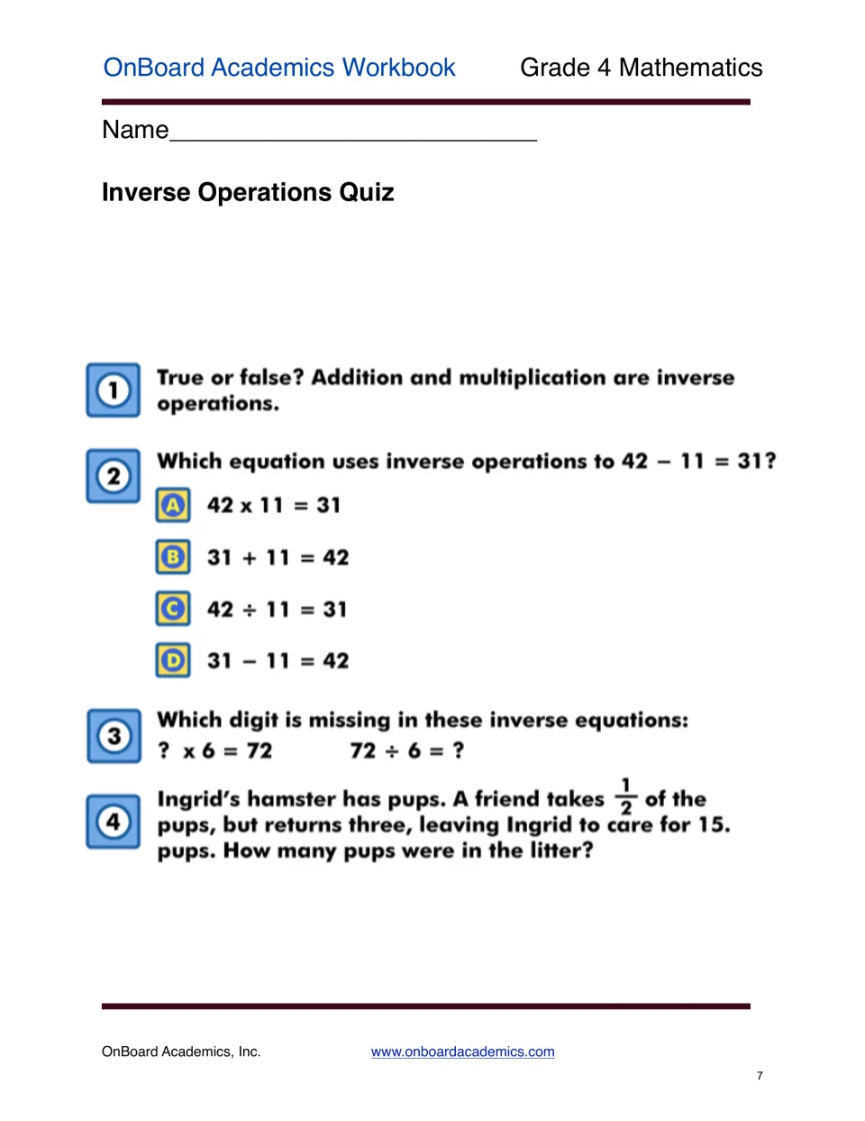 Four-question inverse operations quiz covers operation pairs, 42 − 11, a missing factor, and hamster pups.