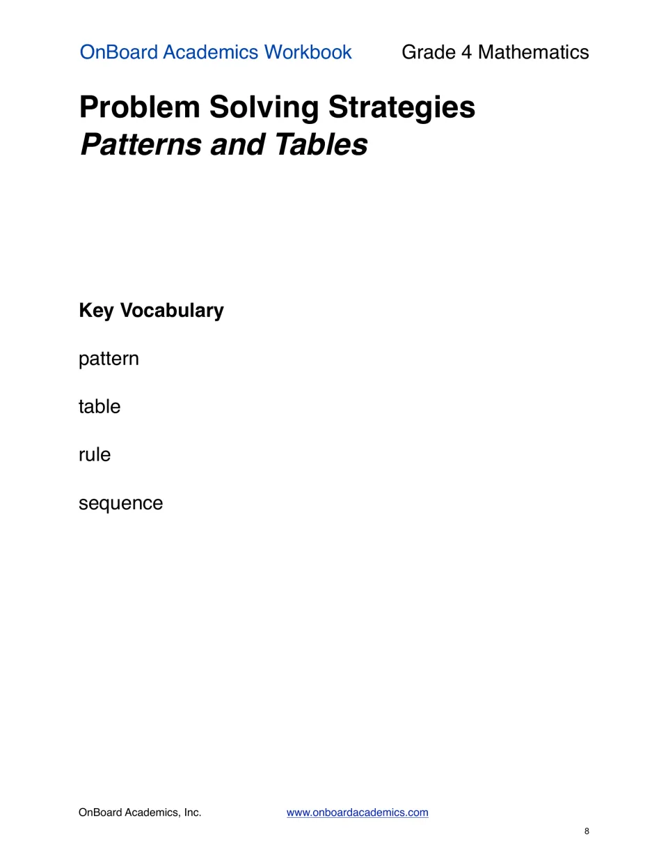 Patterns and tables section introduction lists four key vocabulary terms: pattern, table, rule, and sequence.