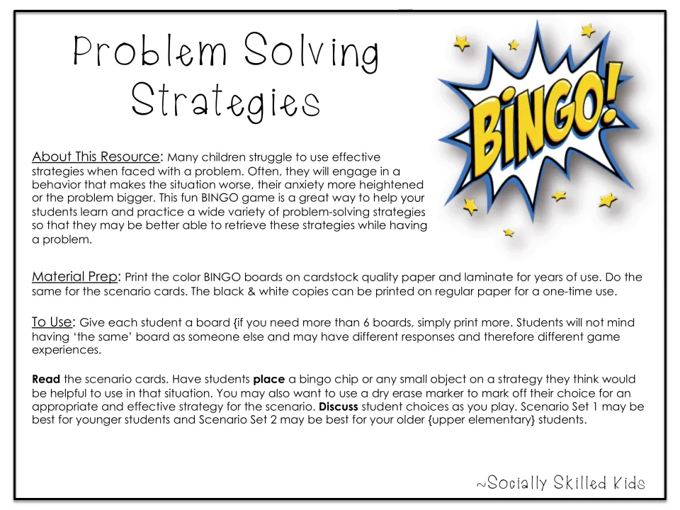 Bingo instructions explain preparation, marking helpful strategies, and using two sets of scenario cards.