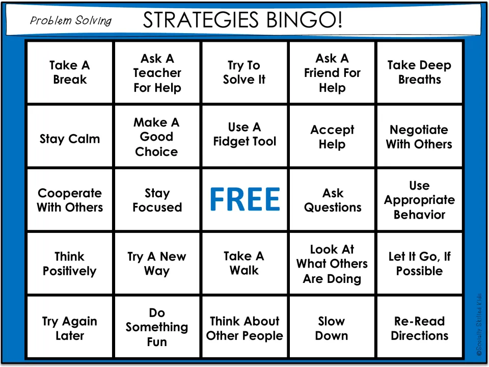Bingo board 1 includes Take A Break, Ask A Teacher For Help, Try To Solve It, and Cooperate With Others.