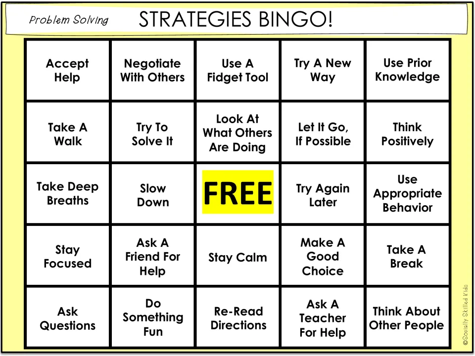 Bingo board 2 includes Accept Help, Negotiate With Others, Use A Fidget Tool, and Use Prior Knowledge.