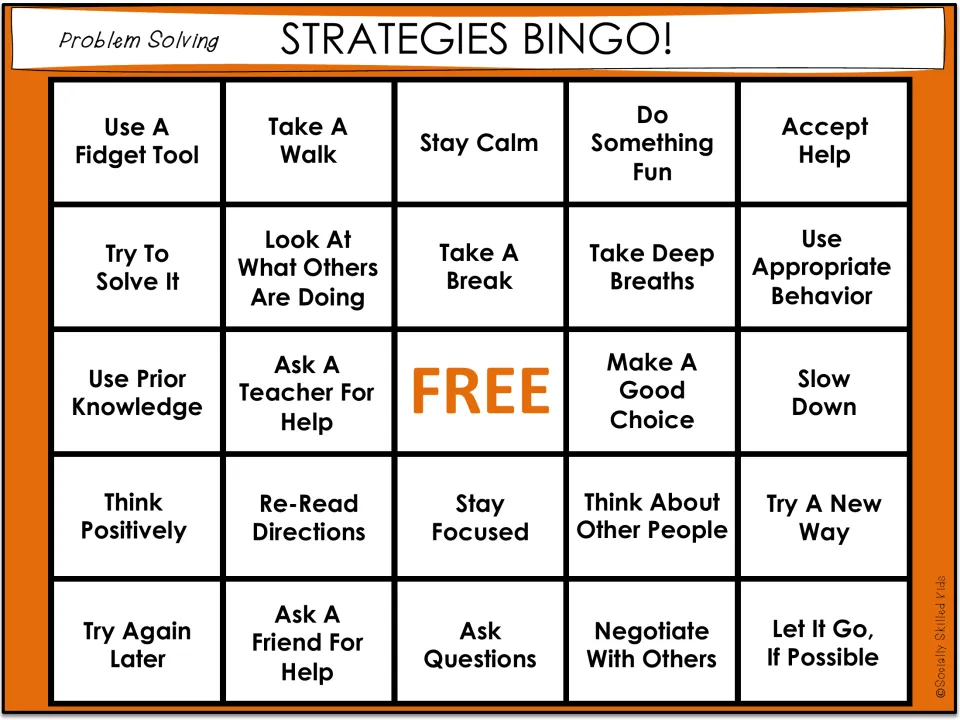 Bingo board 3 includes Use A Fidget Tool, Take A Walk, Stay Calm, Do Something Fun, and Accept Help.