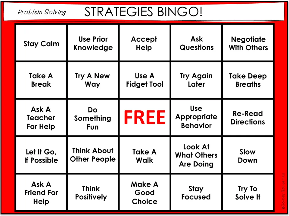 Bingo board 4 includes Stay Calm, Use Prior Knowledge, Accept Help, Ask Questions, and Take Deep Breaths.