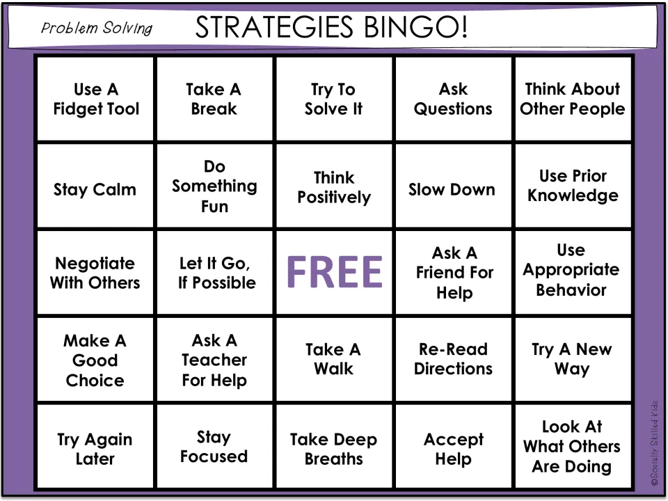 Bingo board 5 includes Use A Fidget Tool, Take A Break, Try To Solve It, and Think About Other People.