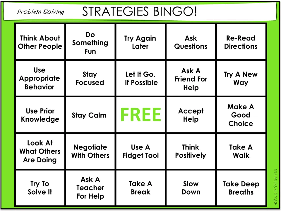 Bingo board 6 includes Think About Other People, Do Something Fun, Try Again Later, and Re-Read Directions.