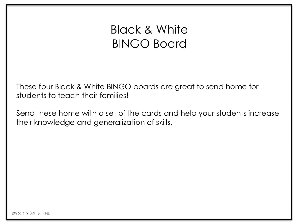 Introduction to four black-and-white bingo boards suggests sending them home with cards for family use.