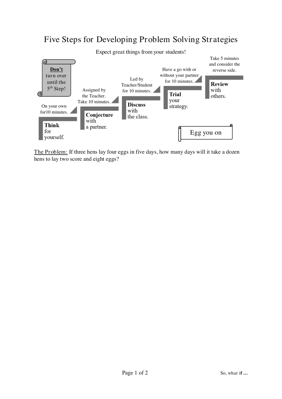 Problem-solving worksheet: five strategy steps and a word problem about 3 hens laying 4 eggs in 5 days.