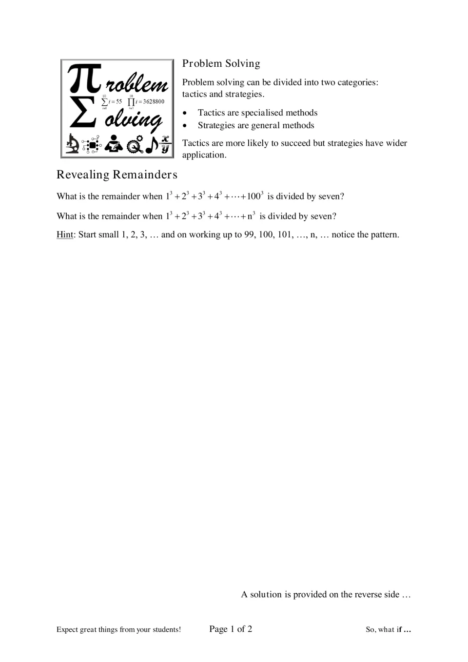 Revealing Remainders: students find the remainder when sums of cubes from 1 to 100, then to n, are divided by seven