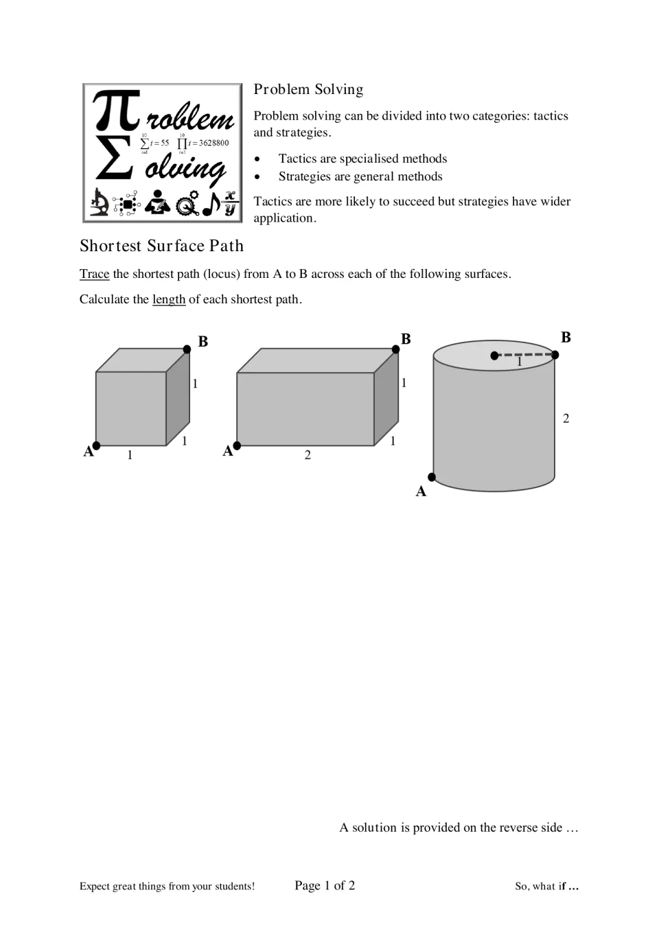 Shortest surface path: students trace and calculate the shortest route from A to B across a cube, a cuboid and a cylinder