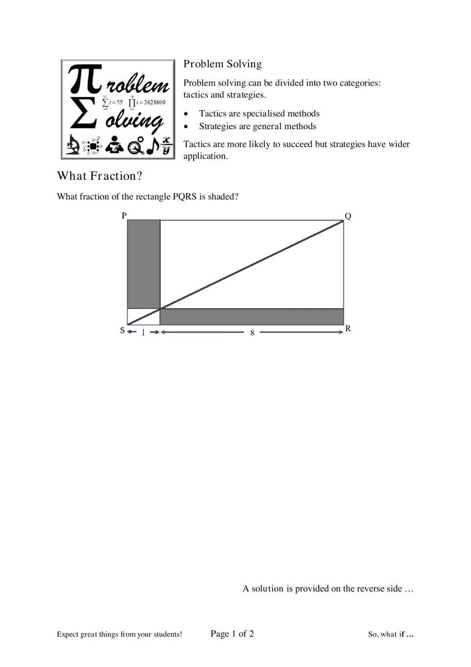 What Fraction? puzzle: students find what fraction of rectangle PQRS is shaded, with a diagonal and a base split 1 and 8