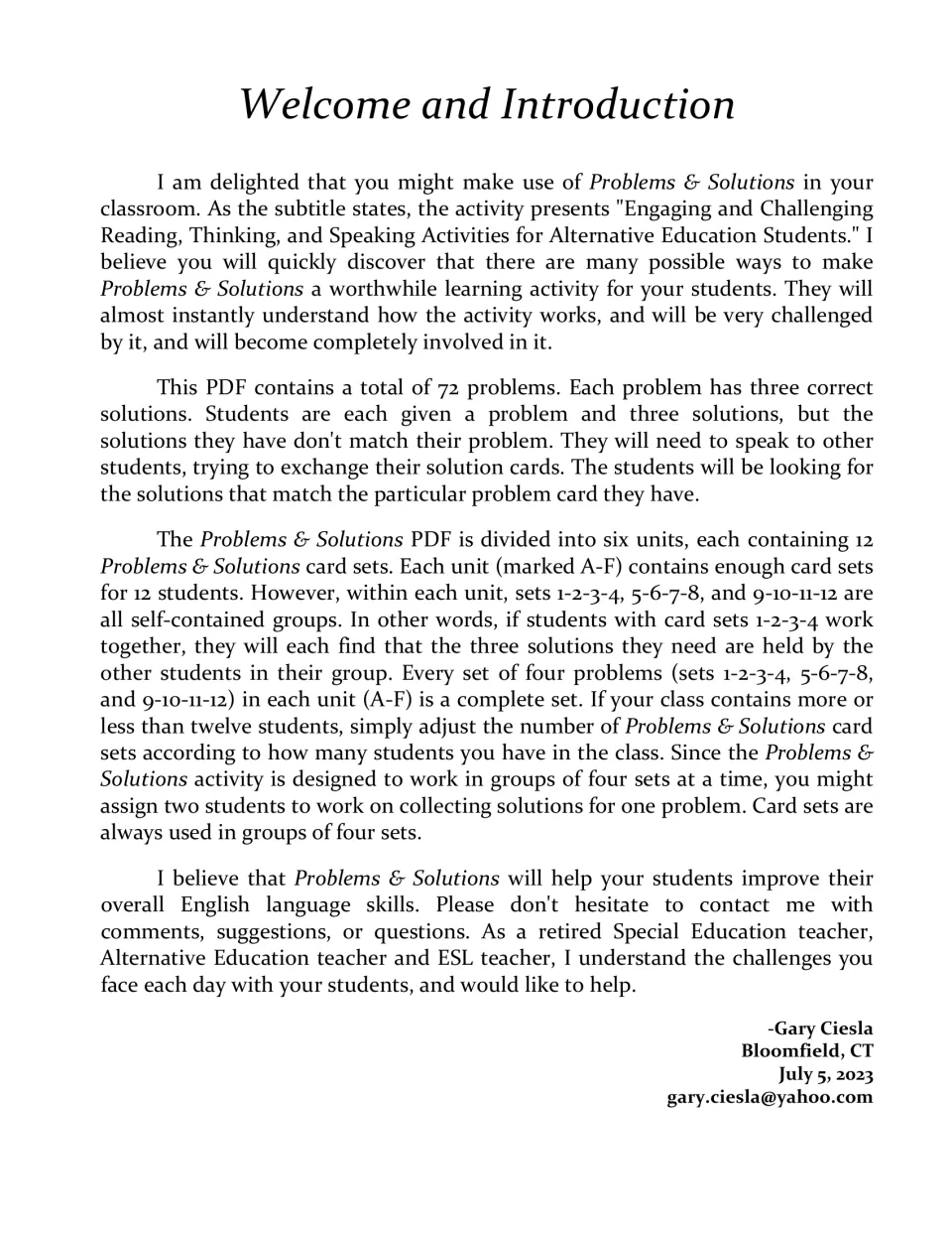 Introduction explains 72 problems in six units, three solutions per problem, and exchanging cards in groups of four