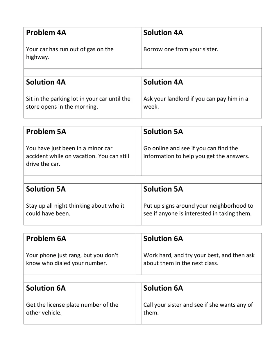 Unit A card sets 4–6 pair problems about running out of gas, a car accident, and a caller with mismatched solutions