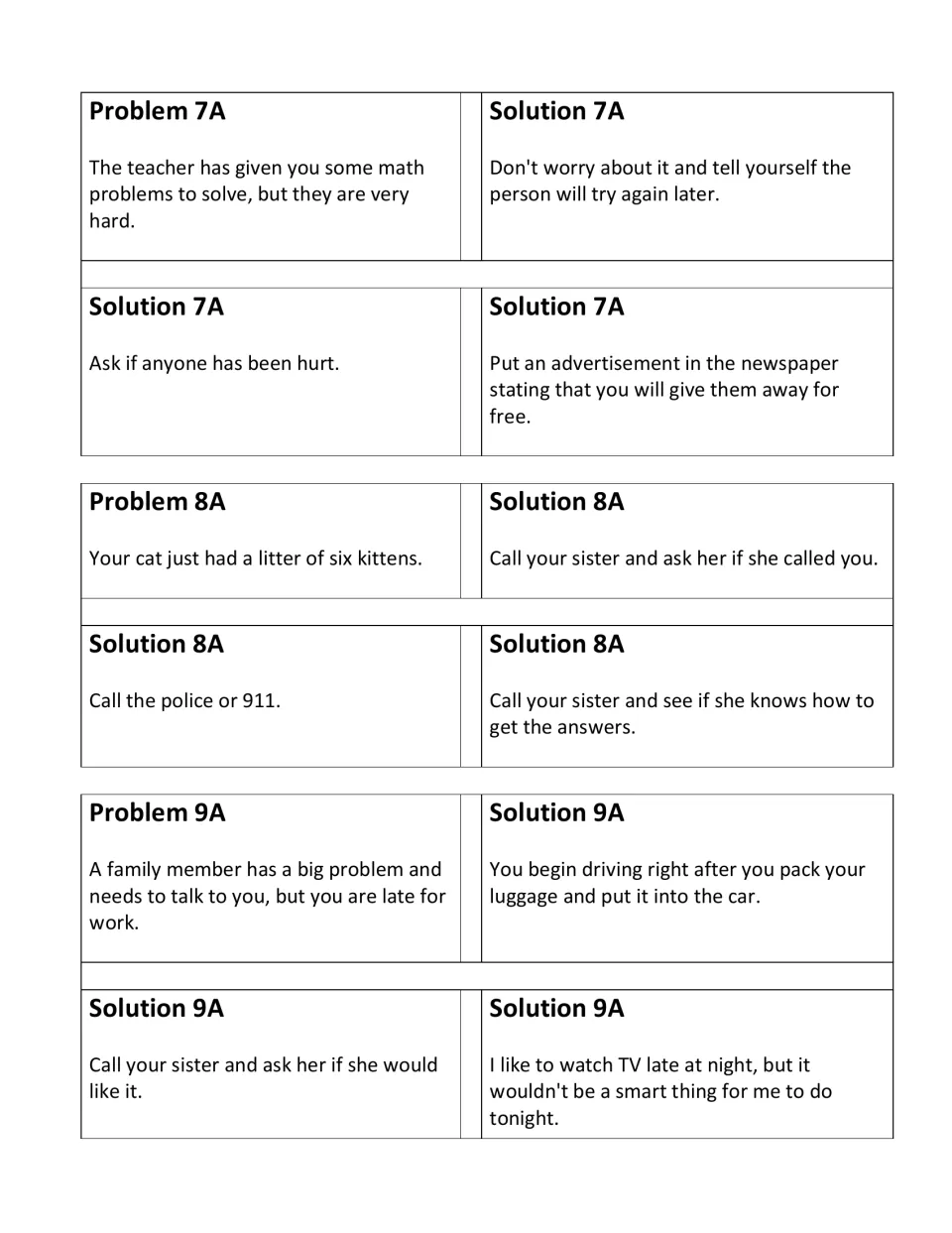 Unit A card sets 7–9 pair problems about hard math, six kittens, and a family member with mismatched solutions
