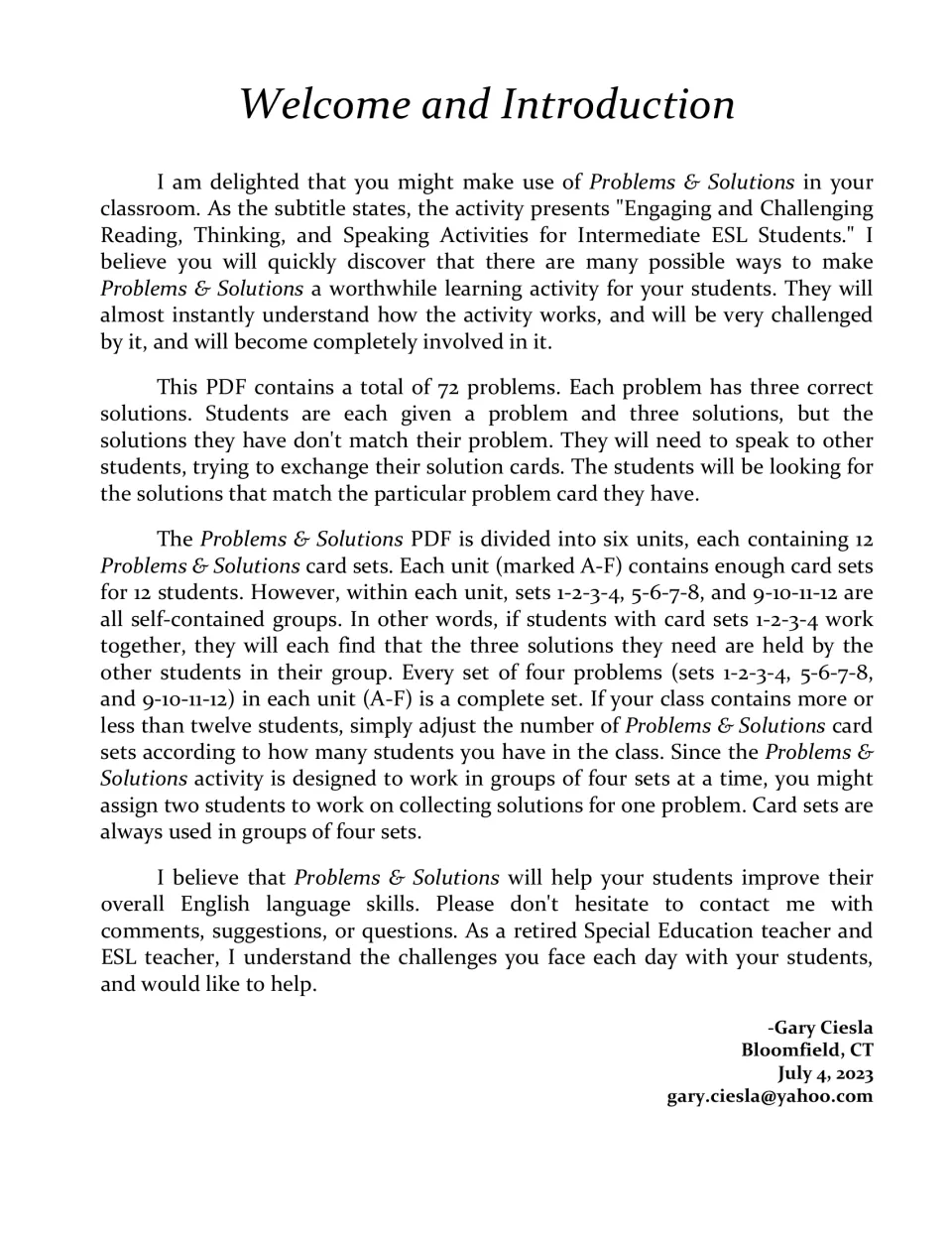 Author's welcome letter: 72 problems in six units (A-F), each with three solutions students trade cards to collect