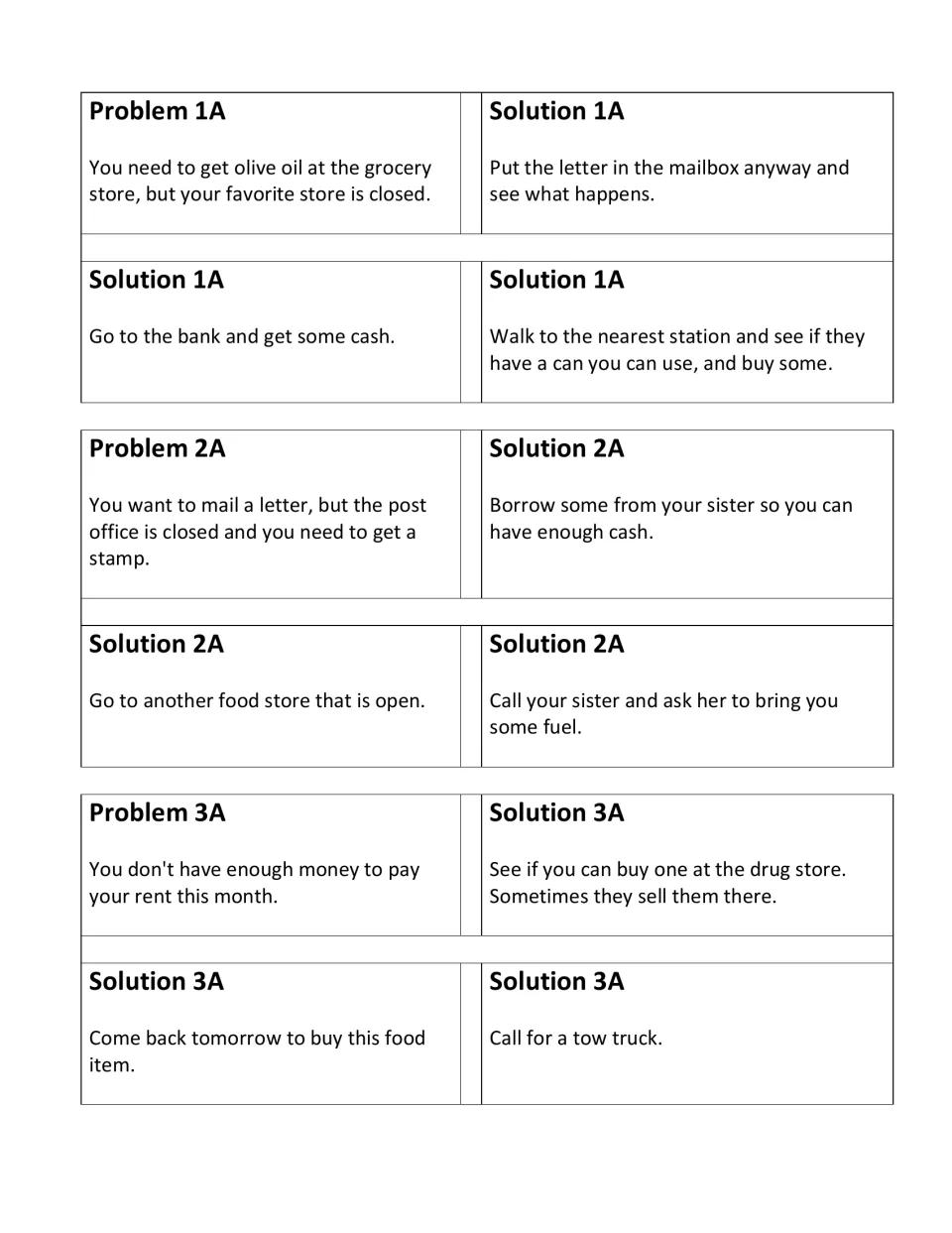 Problem and solution cards 1A-3A: a closed grocery store, mailing a letter with no stamp, and not enough money for rent