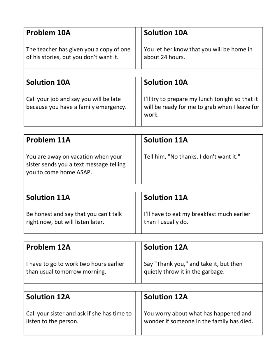 Problem and solution cards 10A-12A: an unwanted story from the teacher, an urgent text from a sister, starting work early